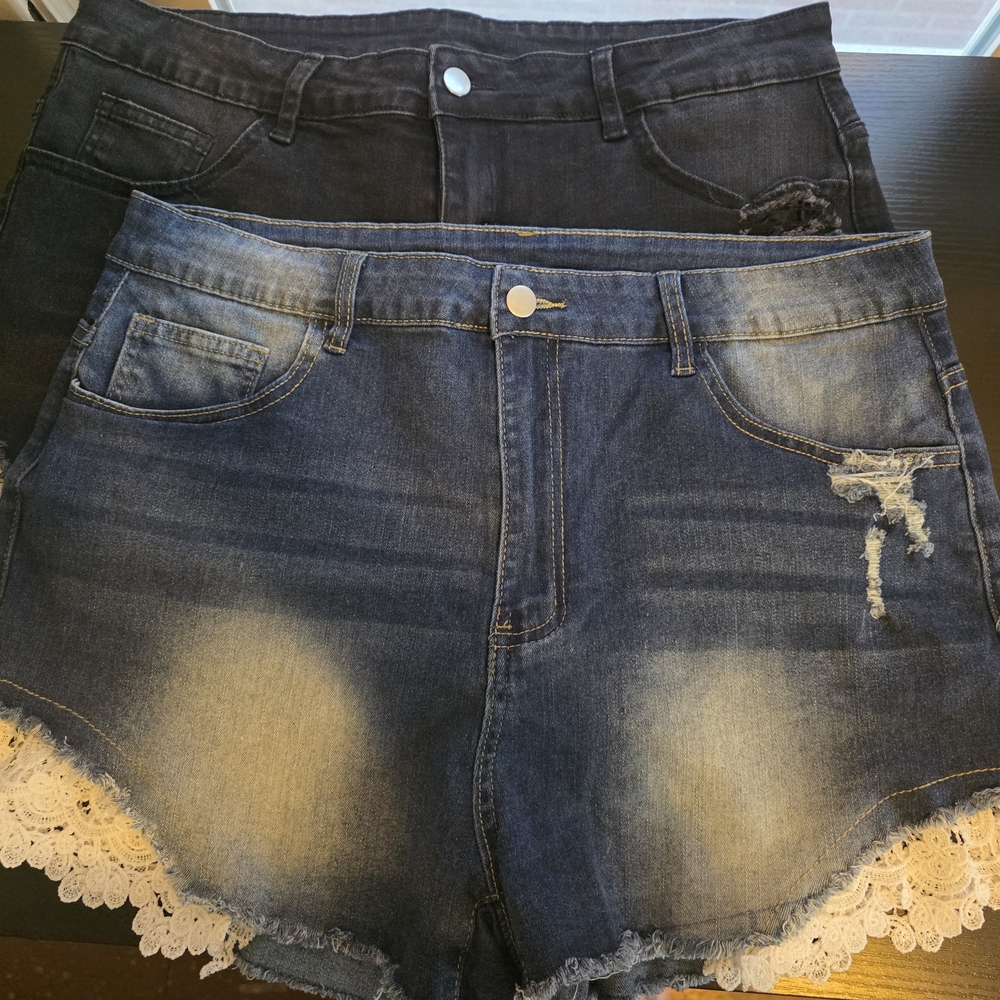 SHEIN Blue and Black Jean Shorts with Distressed Details